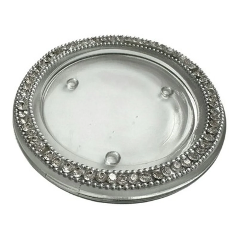 Crystal Rhinestone Beaded Glass Pillar Candle Plate Holder Round 4.25